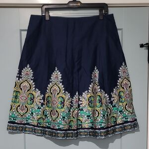 Chic Navy and Green Patterned A-Line Skirt